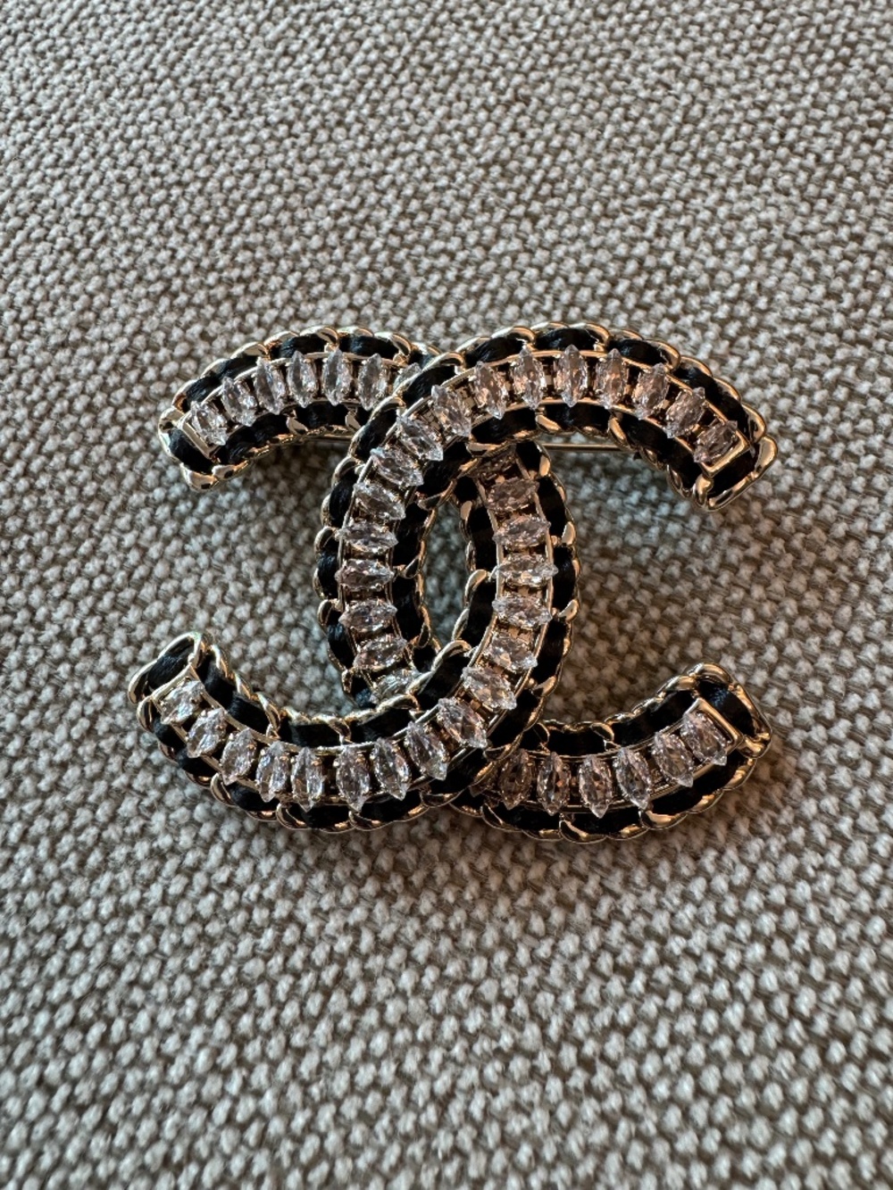 Limited Edition Classic Chanel Large CC Bling Crystal, Leather and Gold Brooch